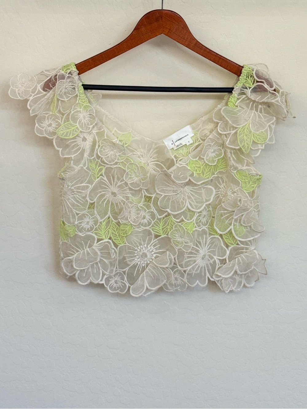 By Anthropologie Sheer 3D Floral Appliqué Crop Top Blouse Cream Green Small